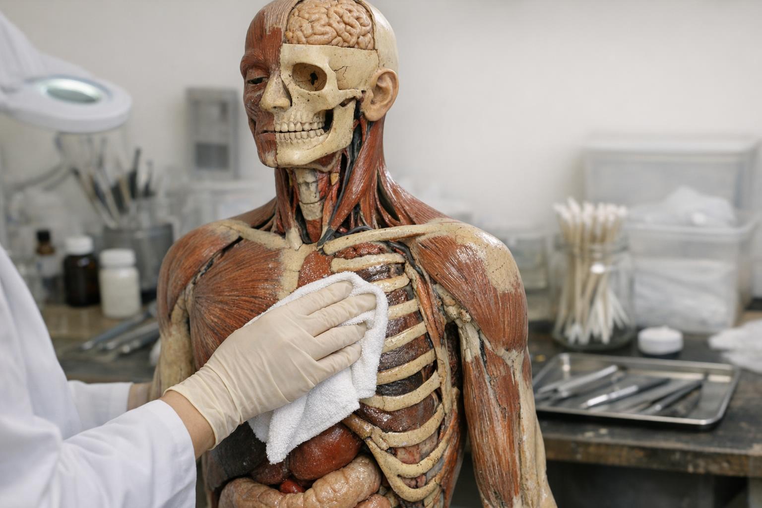 zdjęcie procesu konserwacji modelu anatomicznego z użyciem miękkiej ściereczki
